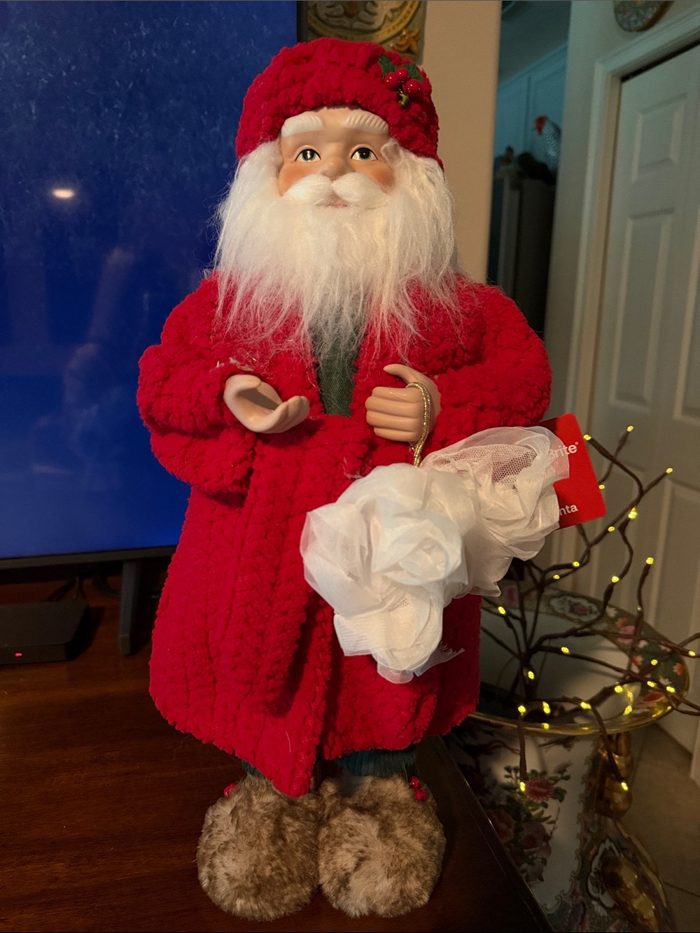 Red bathrobe Santa with furry slippers bath wash cloth cap pajamas new with tag